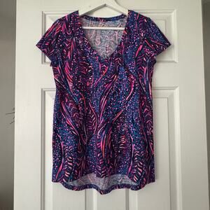 Lilly Pulitzer XS Etta V-Neck Top Blue Flare Always Pawsitive Short Sleeve
